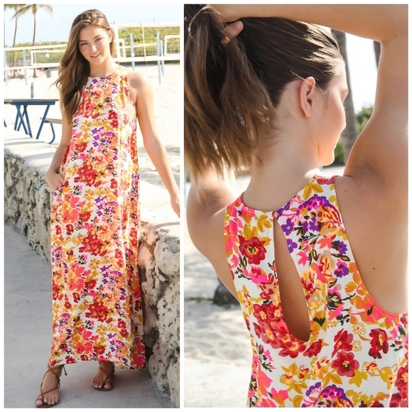 Natural Life Boho Floral White Pink Orange Maxi Dress, XS/S - Picture 1 of 11